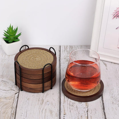 Mckanti 6 Pack Wood Coasters for Drinks with Cotton Coasters Insert, Wooden Coasters with Holder for Coffee Table Decor, Absorbent Coasters for Kinds of Cups, 4.3 Inches