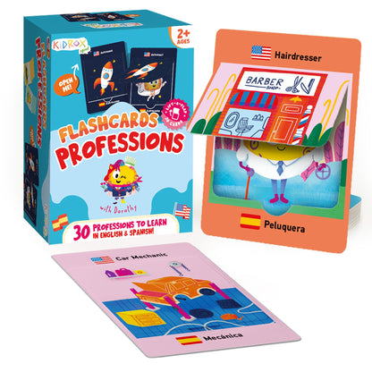 Kidrox Career & Professions Flash Cards, English Learning Cards with Spanish Translations, Interactive Open & Cover, 30 Pack