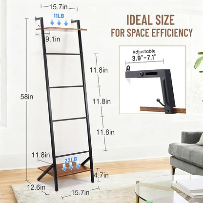 5 Tier Blanket Ladder with Shelf and Hooks, 4.8ft Metal Ladder Shelf Blanket Holder Storage Rack for Living Room, Free Standing Blanket Rack for Storage and Home Decor