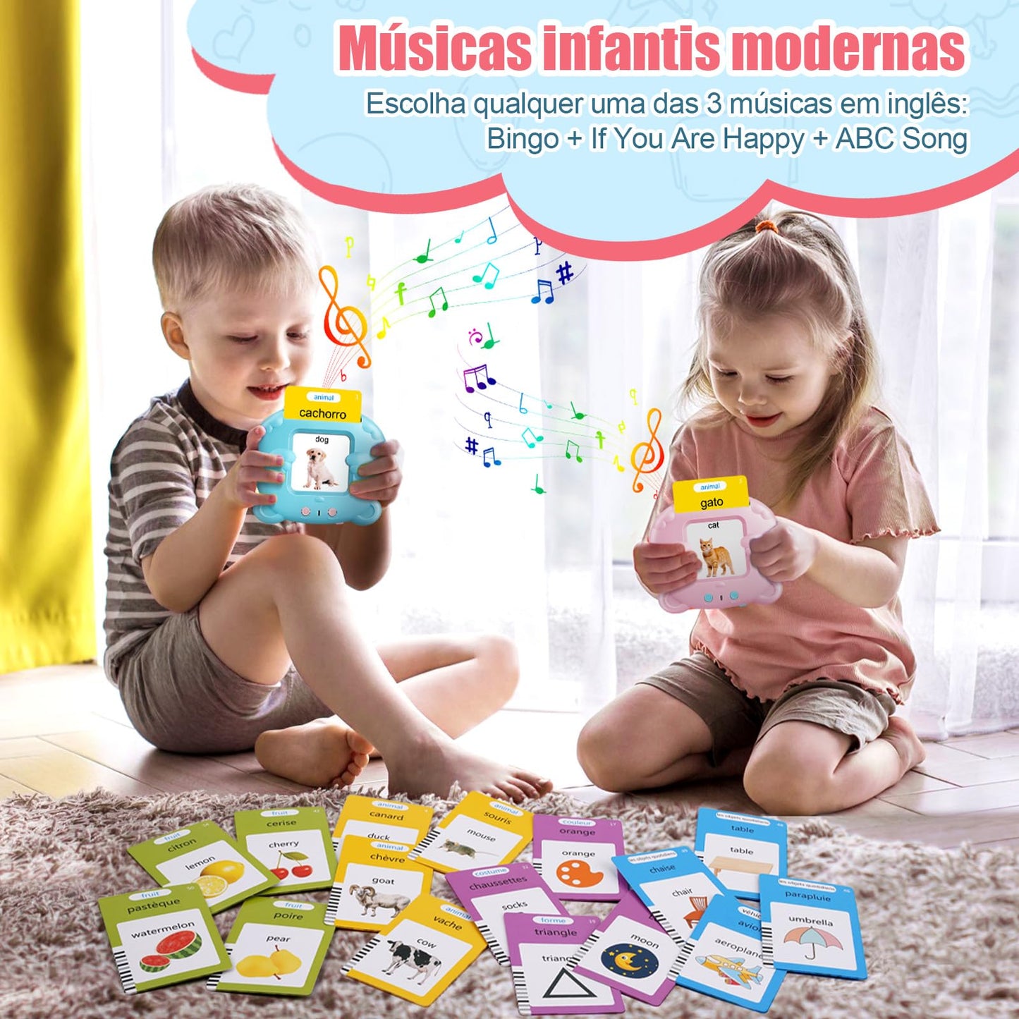 Portuguese (Brazil) & English Talking Flash Cards for Toddlers, Bilingual Flash Cards Learning Montessori Toys with 224 Sight Words, Speech Therapy Toys for Children Sensory Preschool Education Gifts