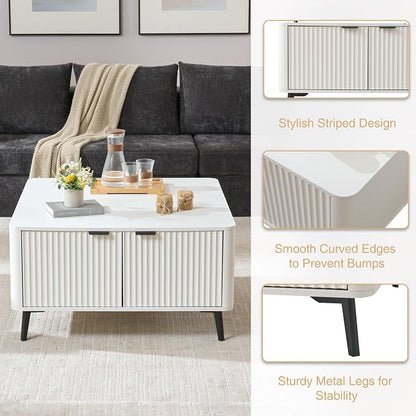 Fatmok Large Lift Top Coffee Table with Hidden Compartment, 35.4" Wide Oversized Square Coffee Table with Storage, Mid Century Modern Fluted Center Table for Home Living Room, White