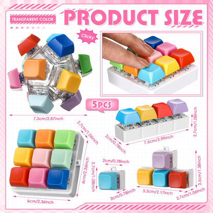 Halloscume 5 Pcs Keyboard Adult Fidget Clicker in 5 Styles Keyboard Fidget Keychain Cube Mechanical Key Button Clicker Stress Relief Gift for Office Home Pass Time(Candy Colors)