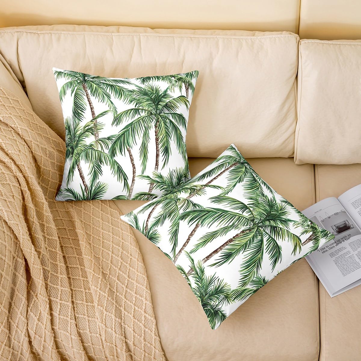 Pack of 2 Palm Tree Print Decorative Throw Pillow Covers, Soft Botanical Palm Leaf Square Cushion Case Set for Couch Sofa Bedroom Living Room, Hawaiian Tropical Pillow Cases Pillowcases, 24x24 Inches