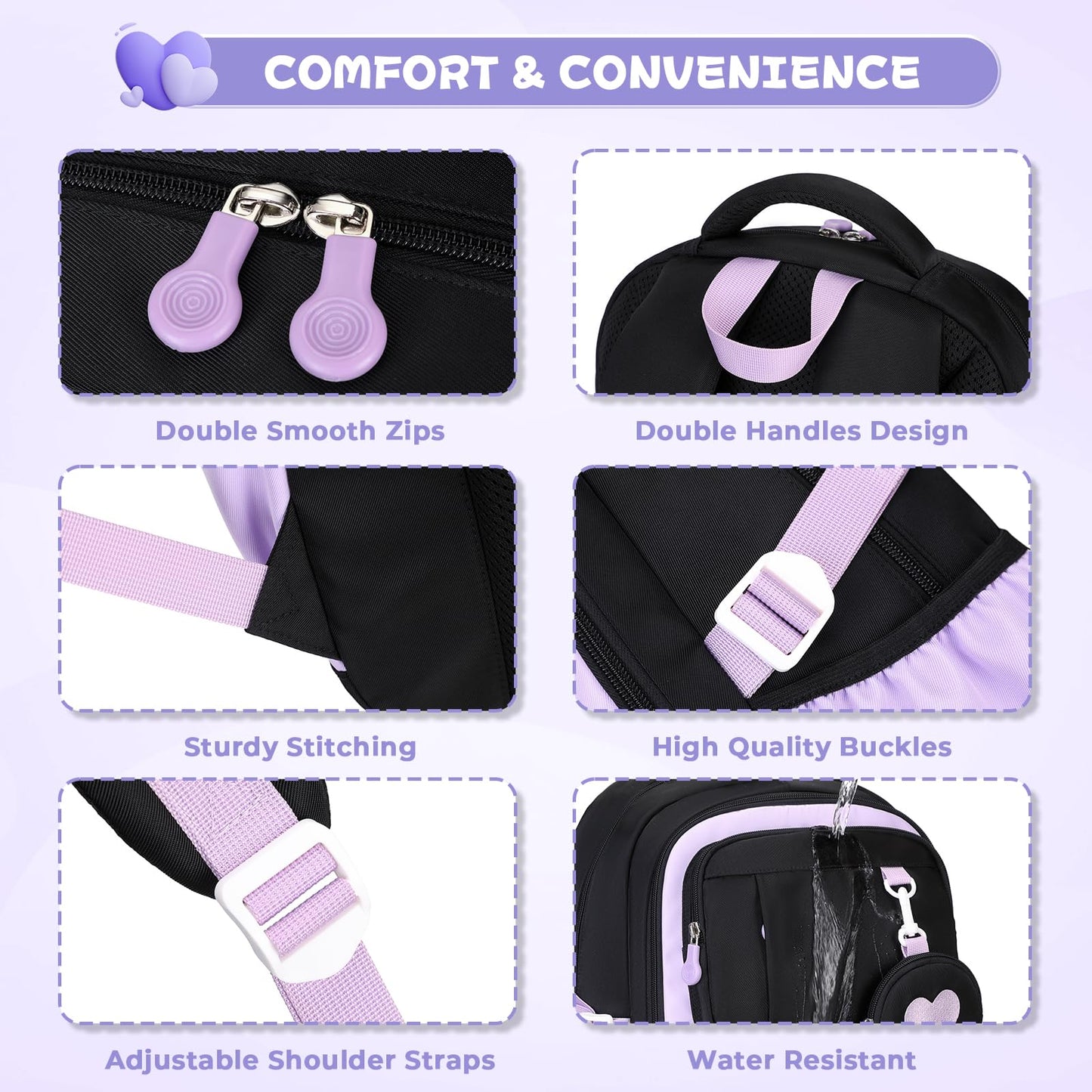 MOONBABY Girls Backpack, Kids Backpack for Girls, School Bag for Primary Elementary Teenage, Middle Students Bookbag, Kawaii School Backpacks for Girl Ages 8-12, Black and Purple