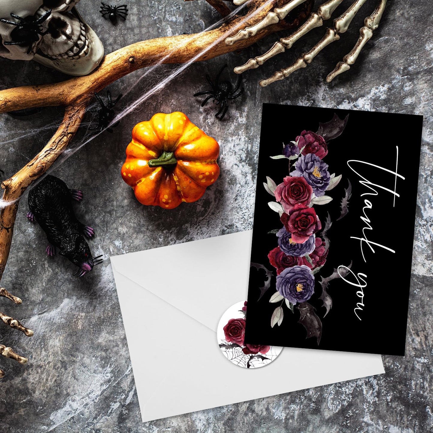 25 Pack Floral Thank You Cards Halloween Flower Bat Greeting Cards Spooky Blank Note Card for Holiday Baby Shower Party Invitation Supplies, 4 x 6 Inch