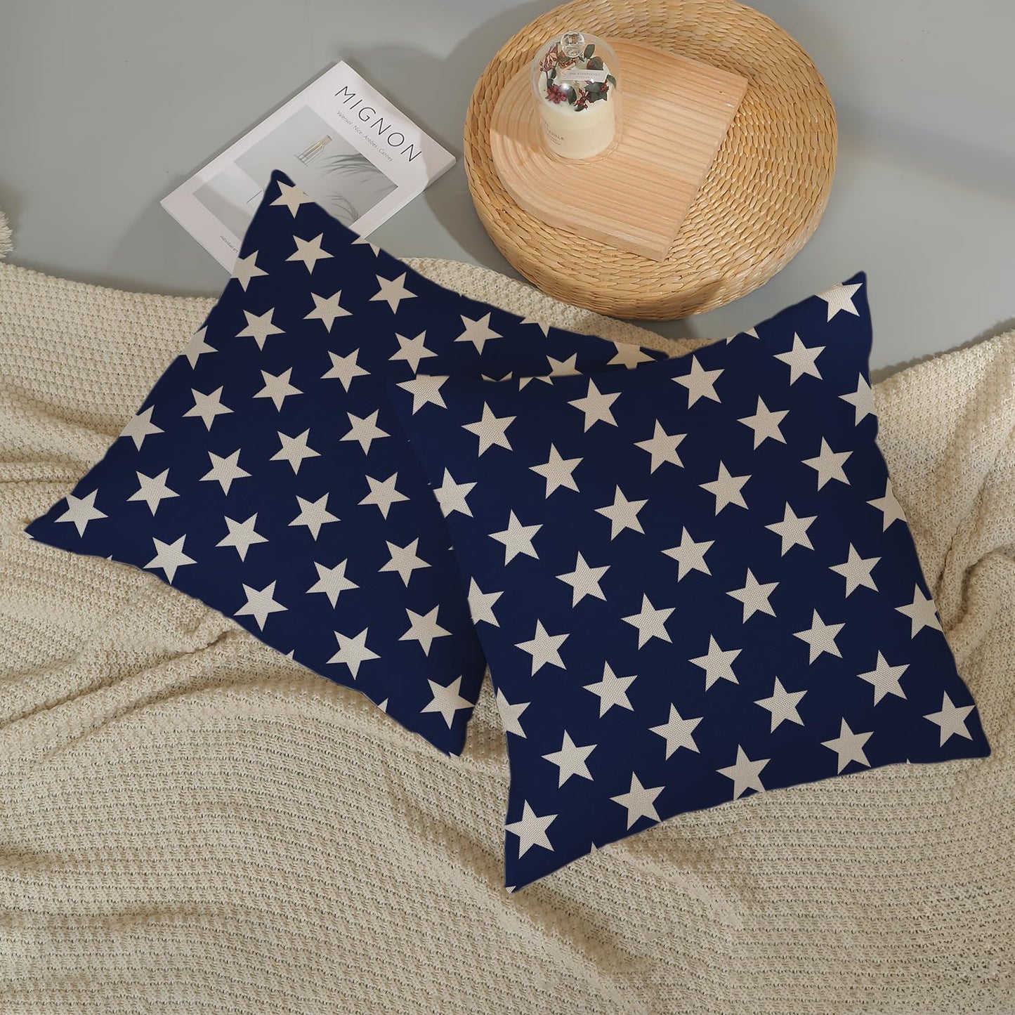 AGAYNA 4th of July Pillow Covers 18x18 Blue and Cream Patriotic Stars Outdoor Decor Throw Pillows for Couch Independence Day Memorial Day Pillowcase Decorative Cushion Case for Sofa Bed Set of 2