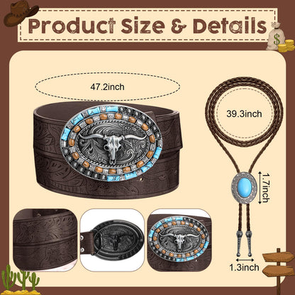 Shyyween 3 Pcs Western Accessories Set for Women Men Wide Brim Cowboy Hat, Cowgirl Leather Necktie Necklace, Western Belts(Brown)