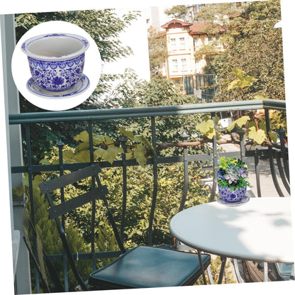BESPORTBLE Blue and White Porcelain Decorative Flower Pot Ceramic Planter Pot with Drainage Hole and Saucer for Bonsai Plants Flower Aloe Indoor Home Decoration, 6.6 * 4.68in