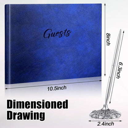 Leather Guest Book and Pen Stand Set, 10.5" x 8" Embossed Guests Sign in Book Registry Book for Funeral, Wedding Reception, Vacation Homes and Events, 80 Sheets (Blue)