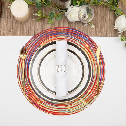 SHACOS Round Braided Placemats Set of 6 Table Mats Colorful Place Mats for Dining Tables Holiday Party Decor (Rainbow Red, 6)