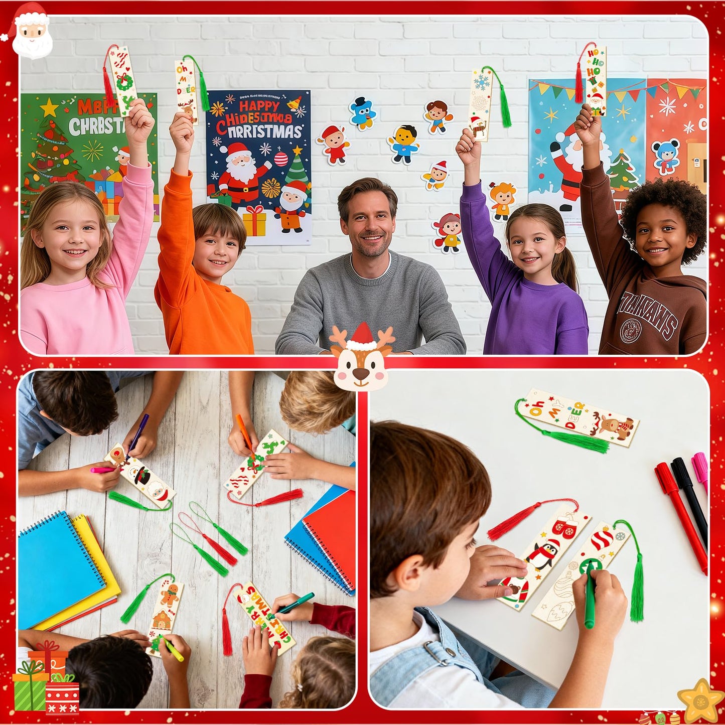 36 Pcs Color Your Own Christmas Bookmarks for Kids DIY Christmas Gifts Wooden Blank Bookmarks Bulk with Hanging Tassel for Xmas Winter Crafts Birthday Gift