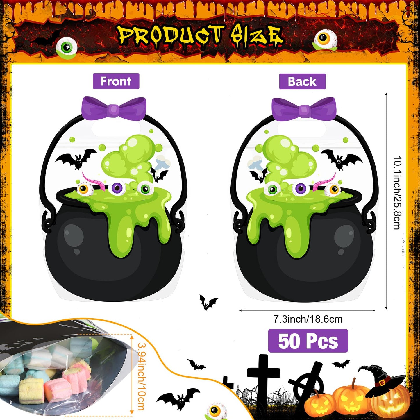 Fuutreo 50 Pcs Halloween Bags Plastic Halloween Goodie Bags with Handles Scary Holiday Sealed Pouch Sealing Cauldron Treat Candy Pouch for Scary Holiday Party Candy Gift Supplies Decoration(Cauldron)