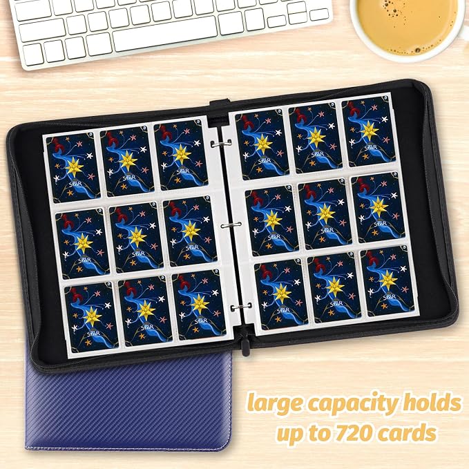 720 Pockets Round Ring Trading Card Binder, 9-Pocket Clear Zipper Card Album with Wrist Strap, Holds 720 Standard TCG Cards Compatible with Sports Baseball Football Game Cards (Dark Blue)