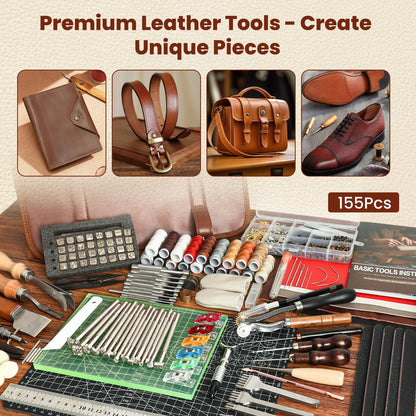 ZAMQIU Leather Working Kit, 155-Piece Leather Tooling Kit with Carving Stamping Sewing Punching Cutting, Leatherworking Tool Set for Beginners, DIY Craft Starter Set for Wallet, Belt, Bag Making