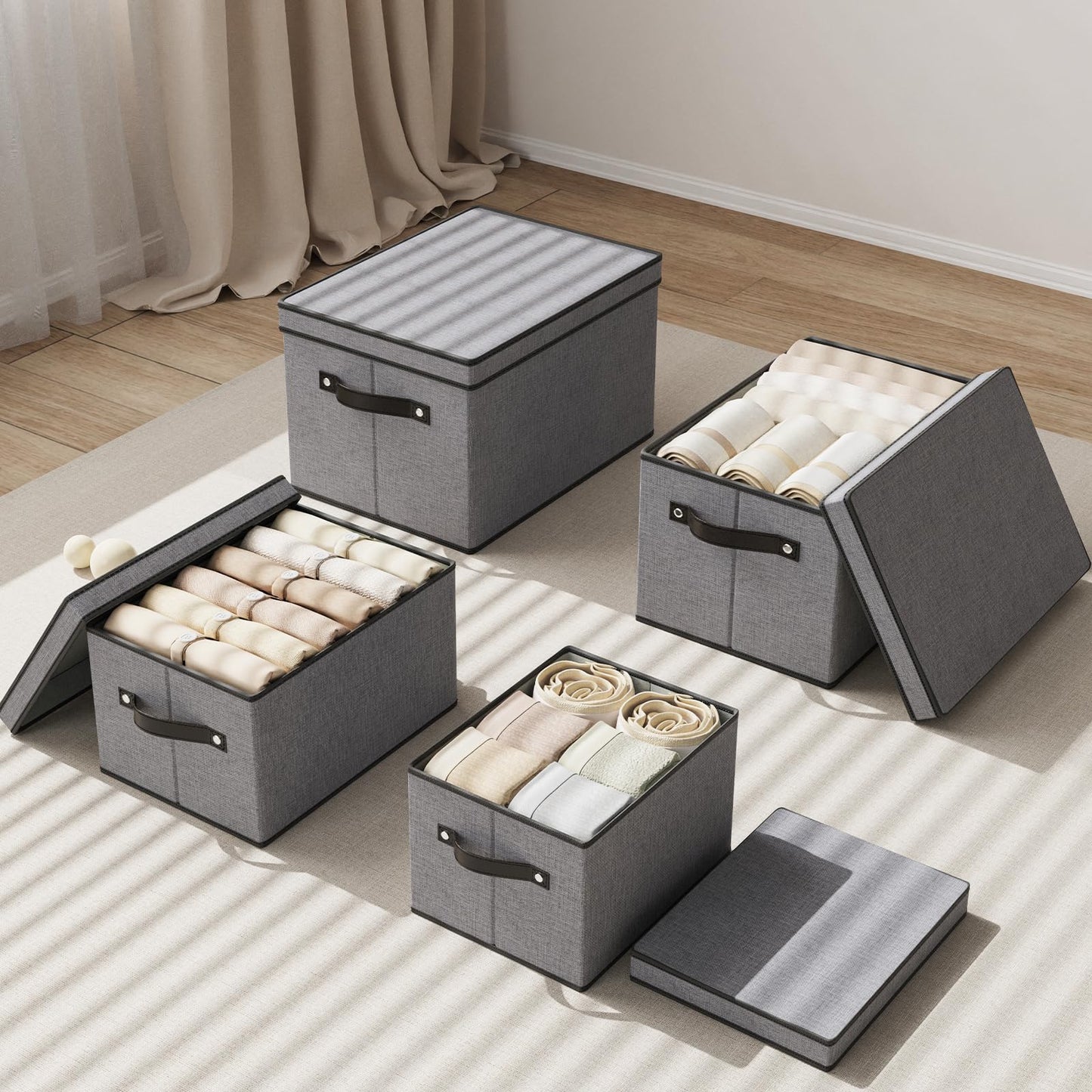 YheenLf Fabric Storage Bin with Lid, 7.1 x 9.1 x 13 Inch Foldable Storage Box for Shelves with Handles, Decorative Linen Closet Organizer, Gray, 1-Pack