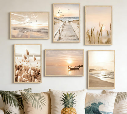 Beach Wall Art Boho Coastal Wall Decor, Neutral Beige Ocean Beach Pictures Wall Art, Set of 6 Minimalist Nature Grass Prints for Bedroom Bathroom Living Room, Unframed Canvas Posters 12x16in