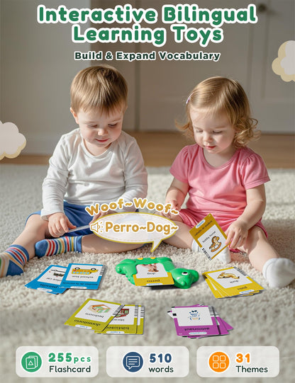 Spanish and English Talking Flash Cards for Toddlers with 510 Sight Words, Dinosaur Shaped Bilingual Buddy Pocket Speech Therapy Autism Toys, Educational Learning Toys Gift for Kid Boys Girls