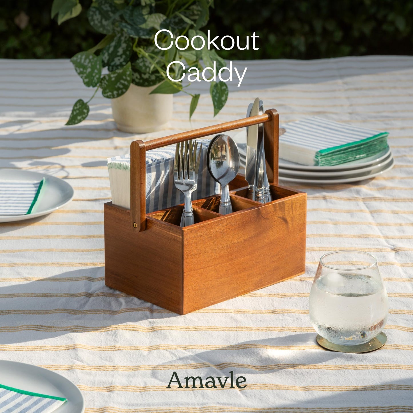 Amavle Acacia Wood Utensil Caddy with Handle, Wooden Silverware Holder, Multi-purpose Organizer for Kitchen, Office, Bathroom, Bedroom
