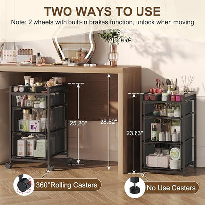 JKsmart Rolling Makeup Cart Organizer with 3 Drawers, Cosmetics Display with Dividers, Floor Skincare Storage with Wheels, Versatile Vanity Organizer for Nail Polish Perfume Brush Hair Tool, Black