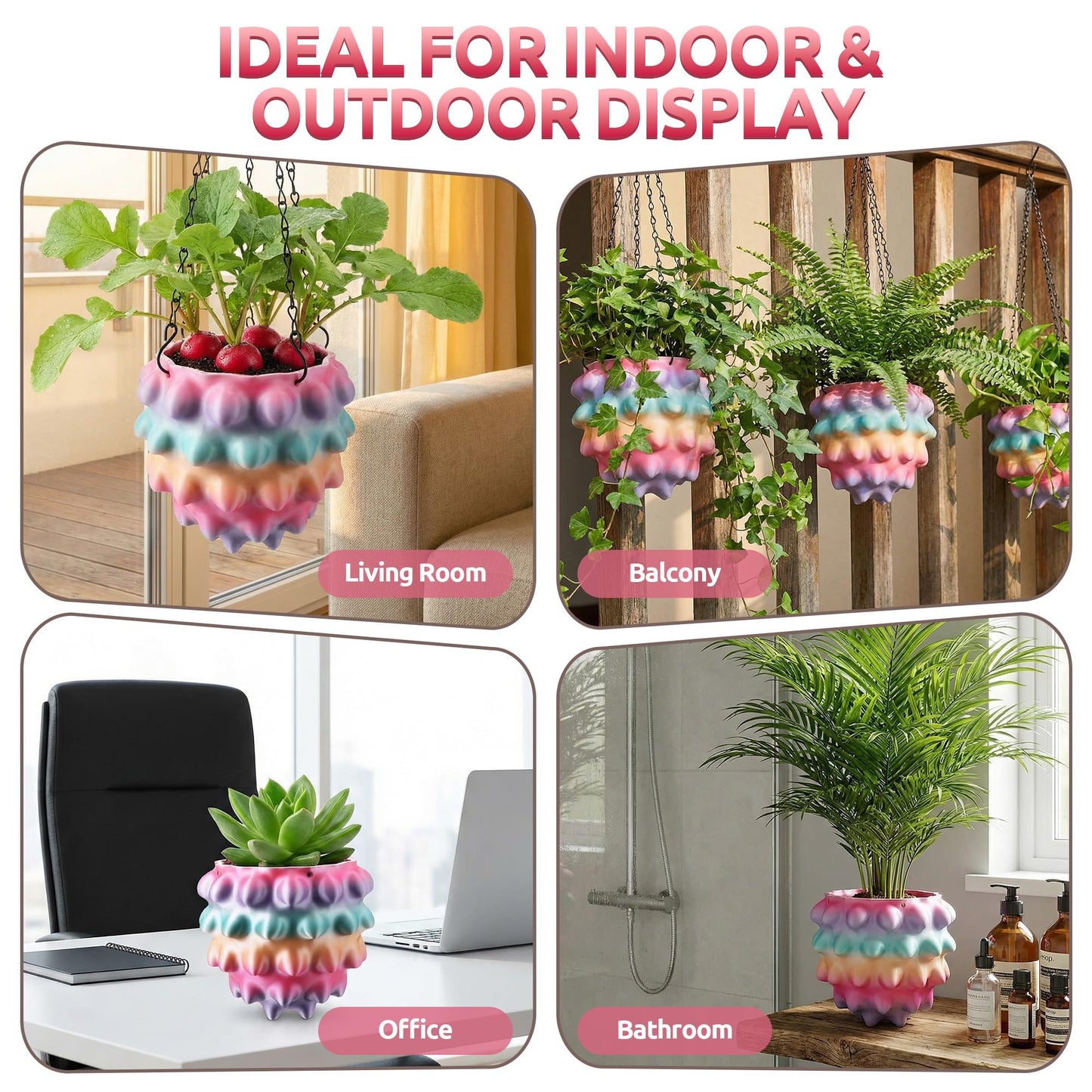 Enhon 6 Inch Hanging Planters for Indoor Plants, Unique Hanging Pots for Plants with Drainage and Hanger Baskets Hangers, Spiked Orb Plant Hanger, Silky Rainbow Finish