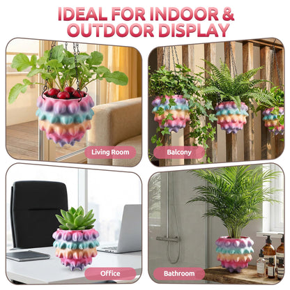 Enhon 6 Inch Hanging Planters for Indoor Plants, Unique Hanging Pots for Plants with Drainage and Hanger Baskets Hangers, Spiked Orb Plant Hanger, Silky Rainbow Finish