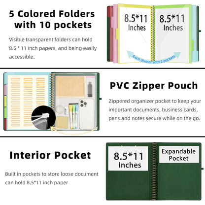 Ospelelf Foldable Spiral Clipboard Folio with Storage Zipper Pouch, 5 Plastic Folders with 10 Pockets,Refillable Lined Notepad (11" x 8.5"), Hardcover Project Organizer with 39 Stickers (Dark Green)