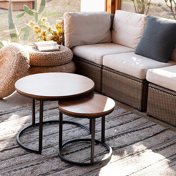 aboxoo Coffee Table Nesting Side Round Set of 2 End Table Top Sturdy Metal Frame Desk Centerpiece Living Room Bedroom Apartment Modern Industrial Simple Nightstand