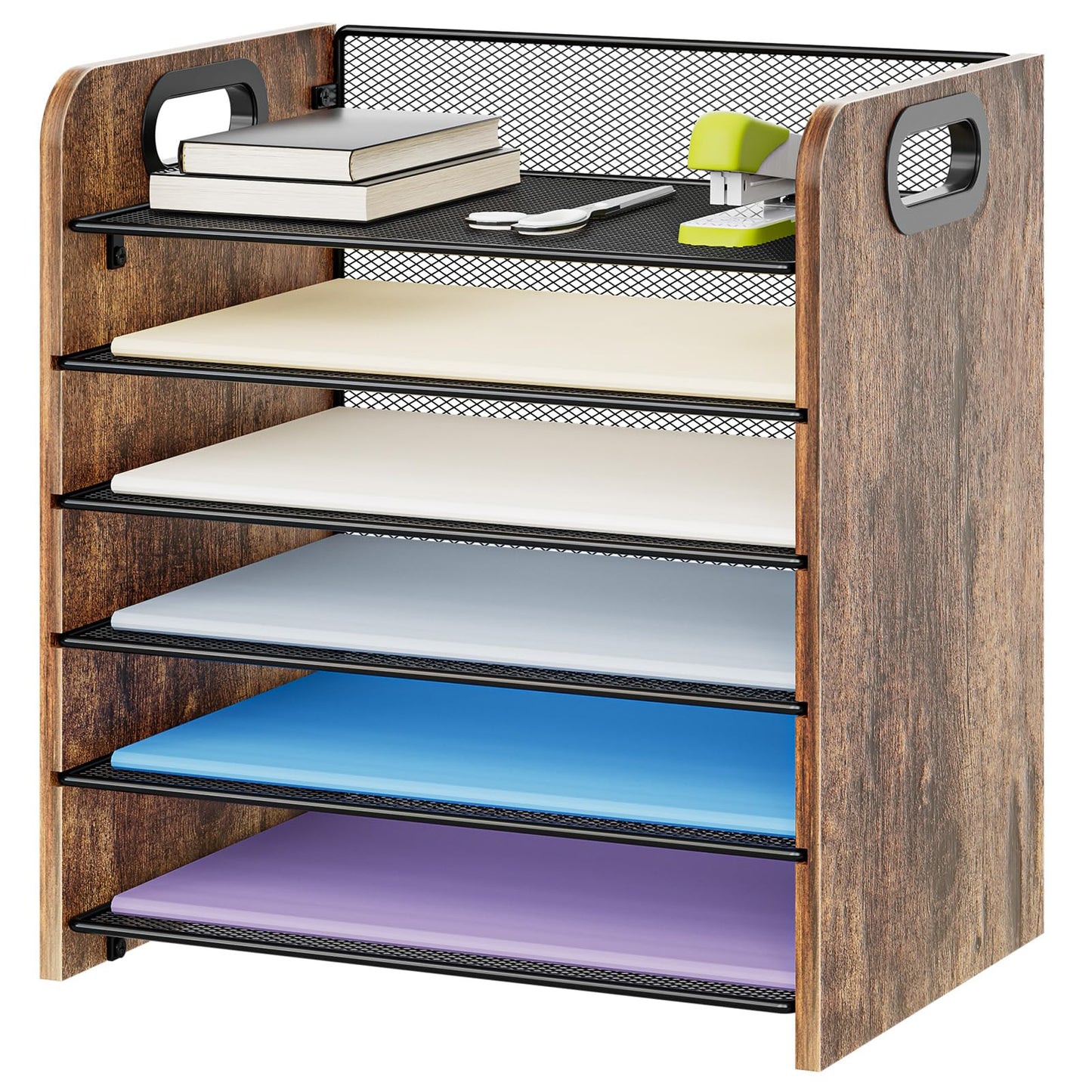 Marbrasse 6 Tier Paper Organizer Letter Tray - Wooden Desk File Organizer with Handle, Paper Sorter Organizer for Letter/A4 Office File Folder Holder