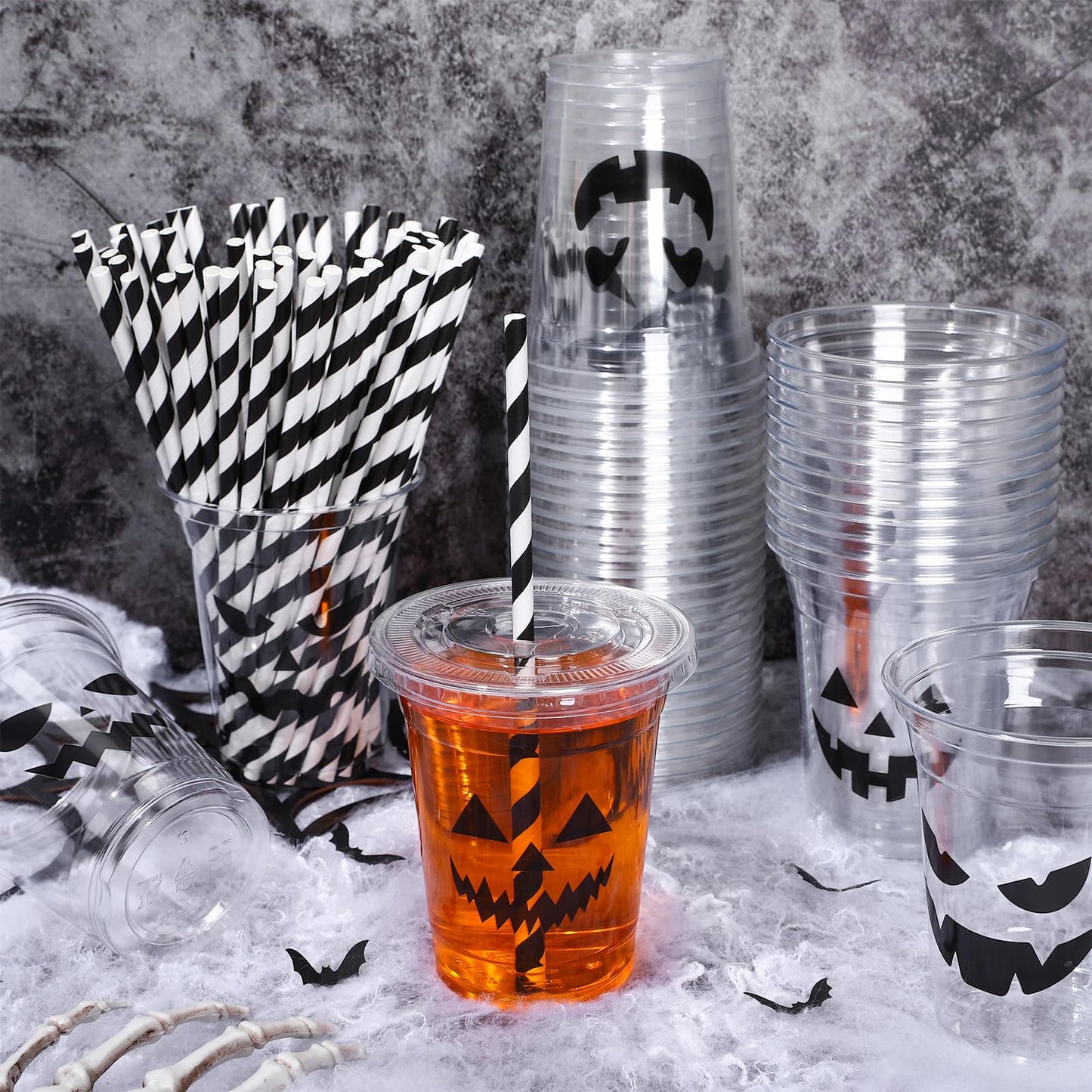 Whaline 60Pcs Halloween Disposable Plastic Cups with Lids and Straws 12oz Jack-O-Lantern Pumpkin Cold Beverage Drinking Cups Scary Printed Party Cup for Trick or Treat Party Supplies