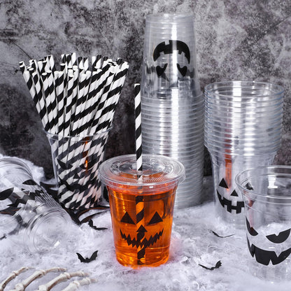 Whaline 60Pcs Halloween Disposable Plastic Cups with Lids and Straws 12oz Jack-O-Lantern Pumpkin Cold Beverage Drinking Cups Scary Printed Party Cup for Trick or Treat Party Supplies