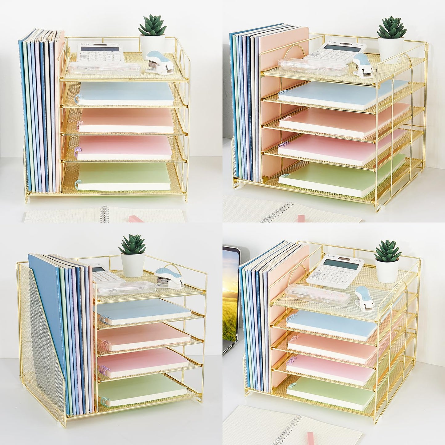 LEKETREE Desk Organizers and Accessories, 5-Tier Paper Letter Tray Organizer with File Holder, Desktop Organizer for Office Supplies (Gold)