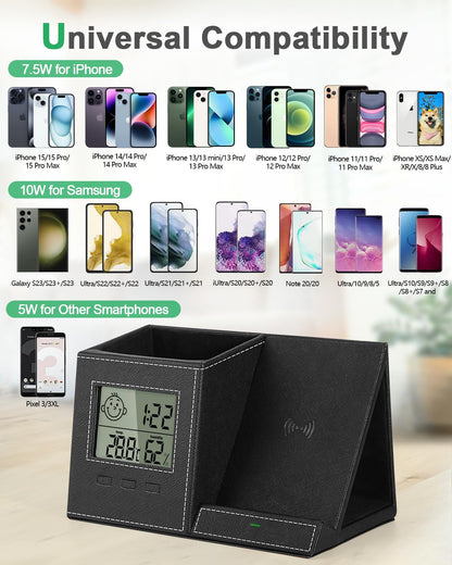 Investme Pen Holder with Wireless Charger, Built in Digital Indoor Thermometer and Humidity Monitor, Multi-Functional Desktop Organizer for Home, School, Office Supply, Midnight Black
