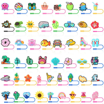 Ovveroche 50 Pcs Hawaii Tropical Summer Silicone Straw Cover Caps Compatible with Stanley Cup Cute Reusable Straw Toppers for Cups 30&40 Oz Tumbler Accessories 10mm