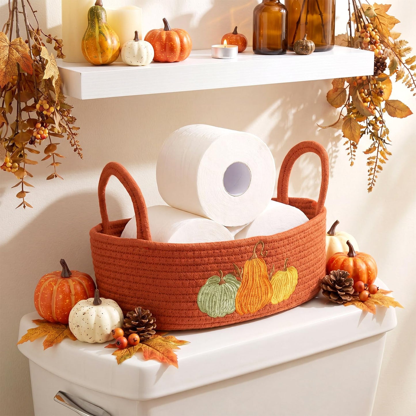 Vesici Pumpkin Toilet Paper Basket Boho Woven Cotton Rope Bathroom Countertop Organizer with Handle Orange Halloween Pumpkin Bathroom Storage Decor for Fall Halloween Bedroom Nursery, 13 x 6 x 4 Inch