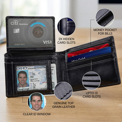 Cuir Jackets Top Grain Leather Wallet for Men | RFID Blocking Genuine Leather Wallets for Men | Secure and Durable Extra Capacity Bifold Wallet with 2 ID Windows and Upto 9 Card Slots (Black)