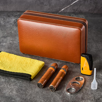 WANTHER Leather Cigar Case, Travel Humidor Holds 6 Cigars, Brown Cedar Wood Box with Cigar Cutter, Humidifier, Lighter & Towel, Portable Cigar Holder for Men, Office & Travel Gift Set, Ideal for Home