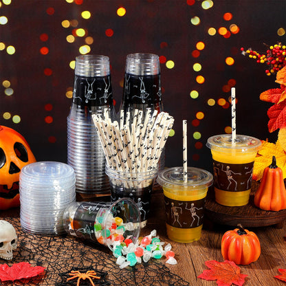 meekoo 50 Sets Skeleton Cup with Flat Lids and Straws 12 oz White Black Skeleton Bone Plastic Cups Clear Drink Disposable Cups with Lids for Halloween Decoration Mega Haunted House