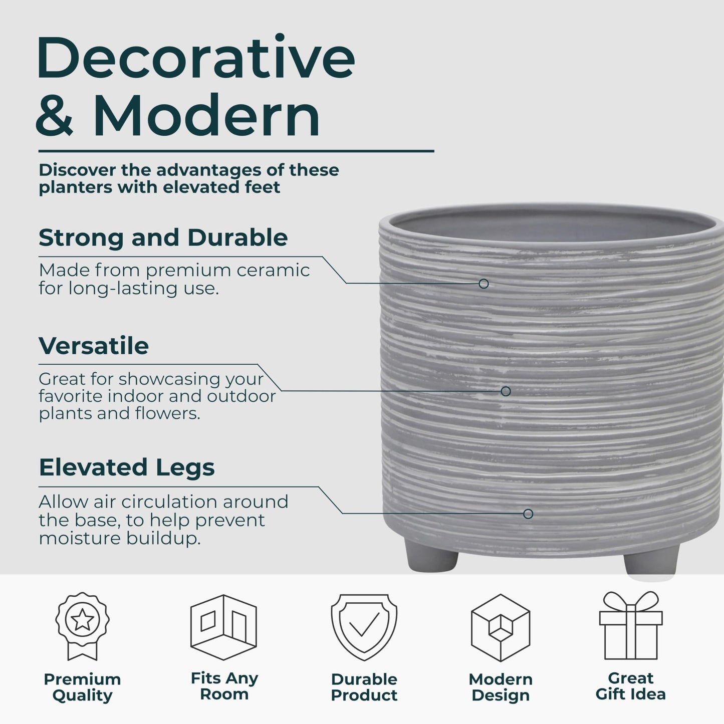 Set of 2 Footed Planters with Ridged Lines Accent – Ceramic Stoneware Outdoor & Indoor Plant Pot – Modern Garden & Home Decor Ceramic Planters – Stylish Pot for Plants – 6" & 8", Gray