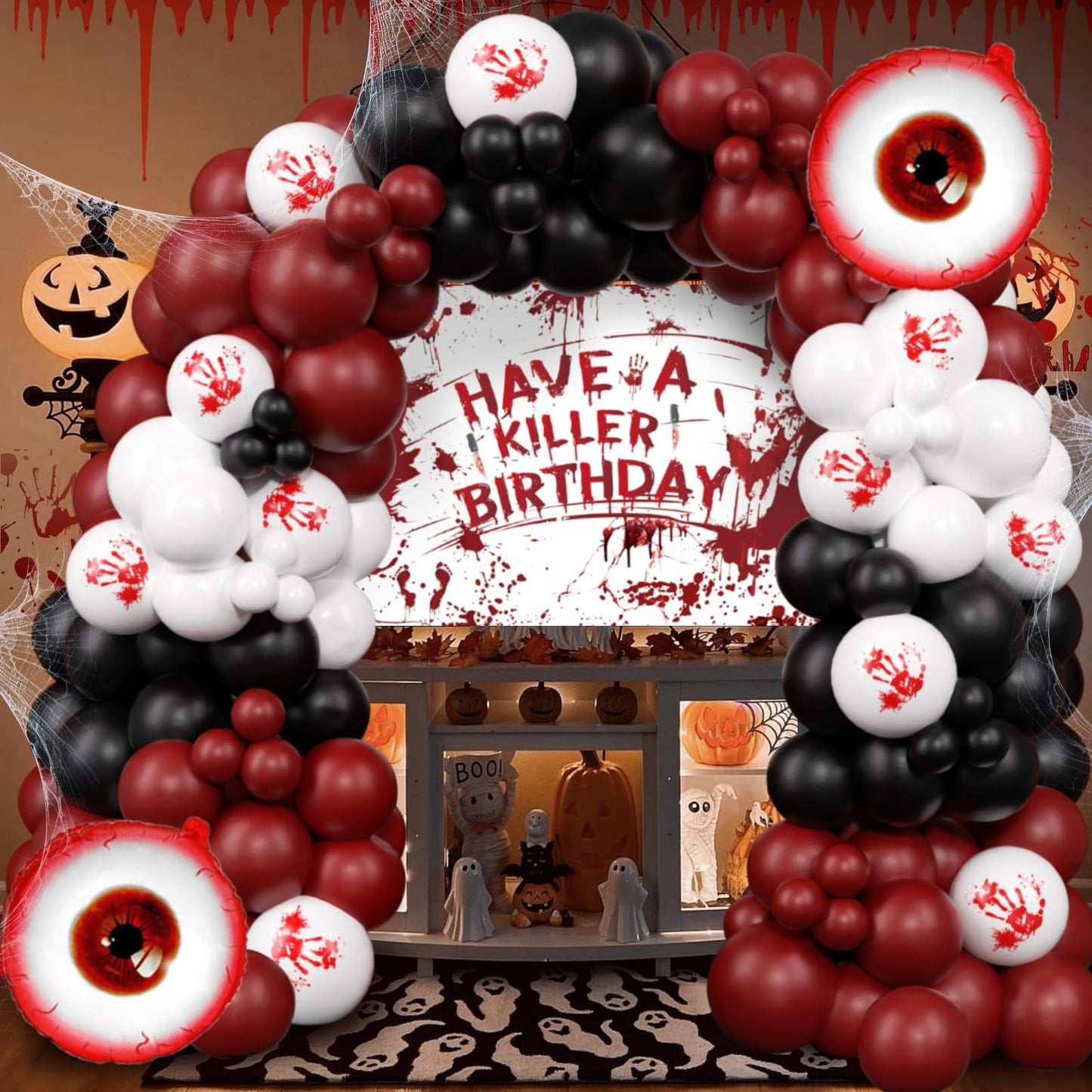 Halloween Balloon Arch Kit Scary Halloween Birthday Party Decorations-Red Black White Bloody Hand Balloons With Have a Killer Birthday Banner Eye Balloons For Hallo-ween Theme Party Supplies