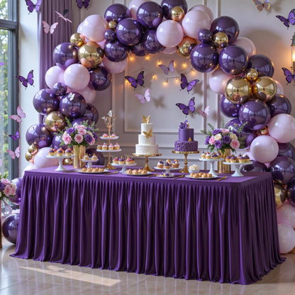 PARTISKY 2 Pack Purple Tablecloths for Rectangle Tables 6ft, Wrinkle Resistant Spandex Table Cover Fitted Stretch Table Cloth with Pleated Ruffle Skirts for Party Banquet Dining Birthday Wedding