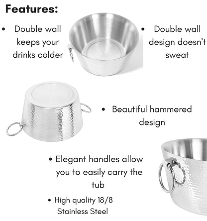 BIRDROCK HOME Hammered Stainless Steel Round Beverage Tub with Handles - Double Wall Insulated 3 Gallons - Metal Drink Cooler & Ice Bucket for Parties - Outdoor Aluminum Holder for Bottles & Soda