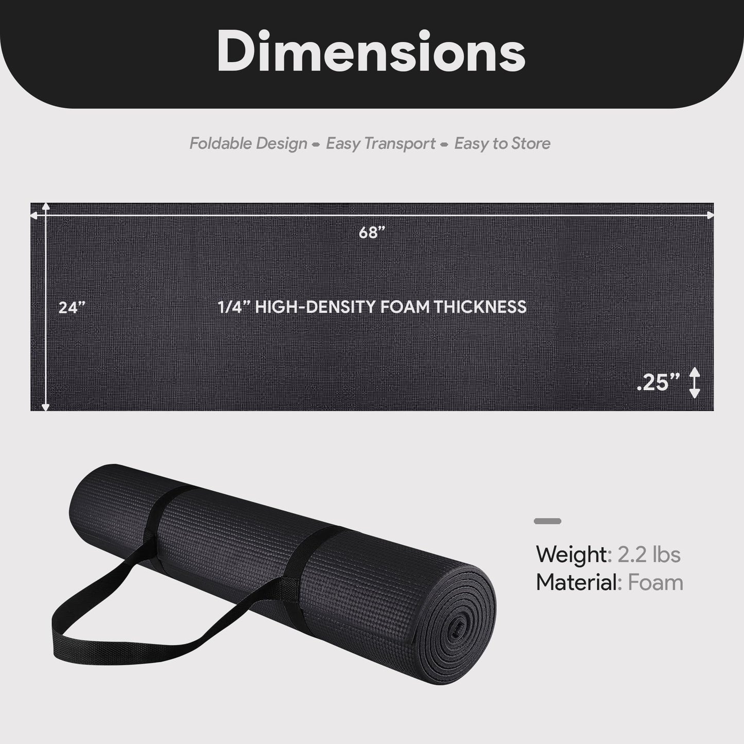 Fitvids All-Purpose 1/4-Inch High Density Anti-Tear Exercise Yoga Mat with Carrying Strap, Black