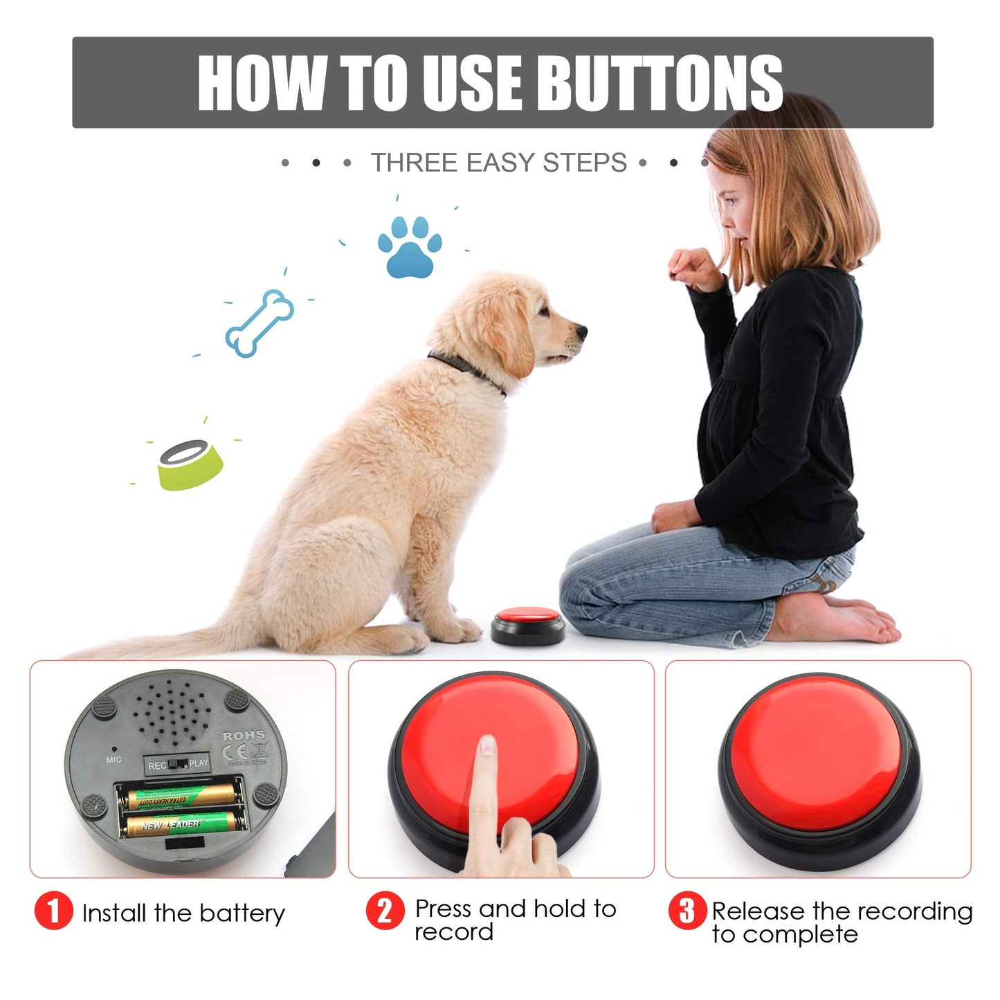 Recordable Button, Sound Button Record Talking Button Answer Buzzers Funny Buttons Record Your Own Words with 30s Voice Recording Time Also Used for Dog Pack of 2 - Black and Red (Battery Included)