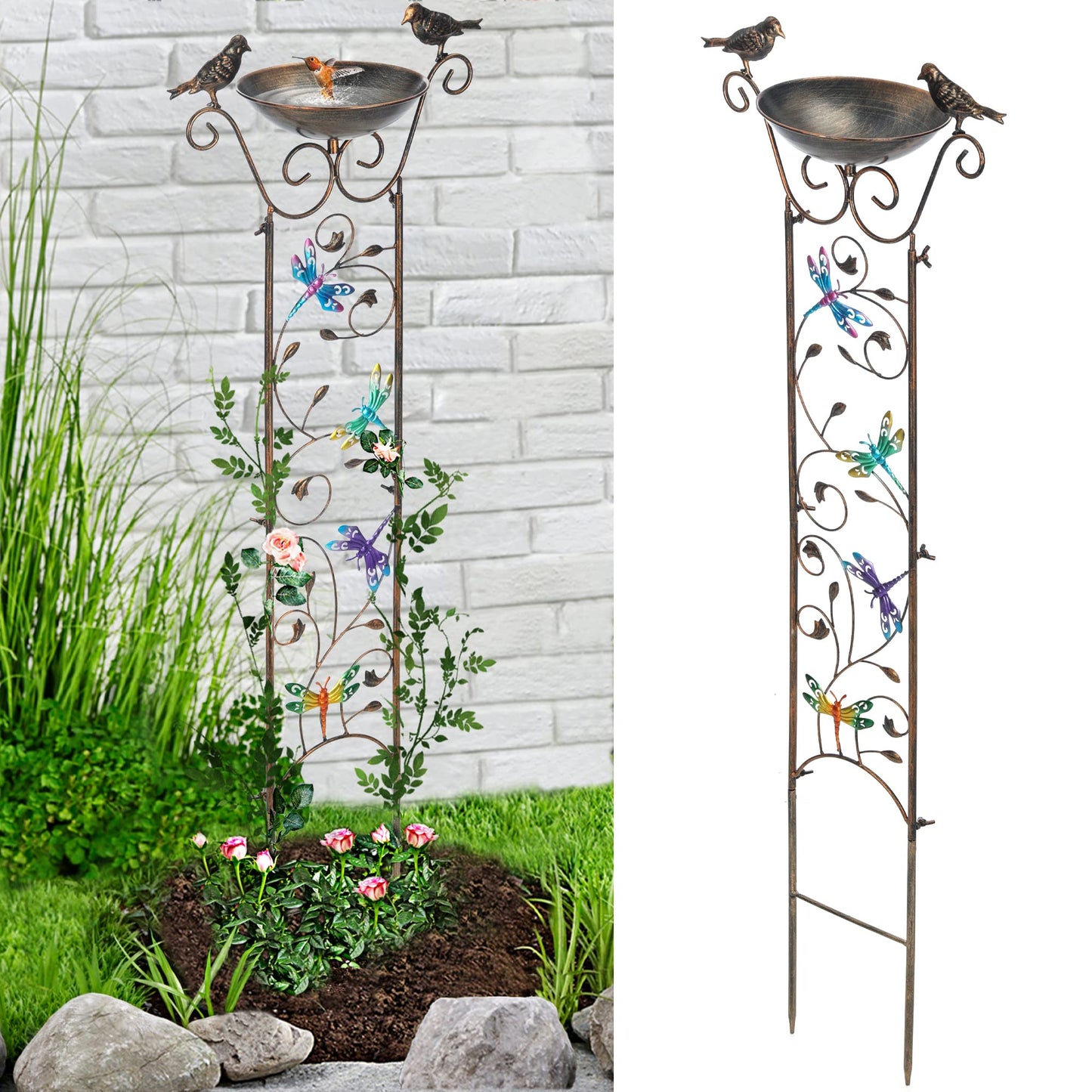 LEWIS&WAYNE Garden Trellis Bird Bath Outdoor, 40 Inch Antique Iron Garden Plant Trellis Decorative with Dragonfly and Detachable Drinking Basin Bowl, Free Standing BirdBath Birdfeeder Station