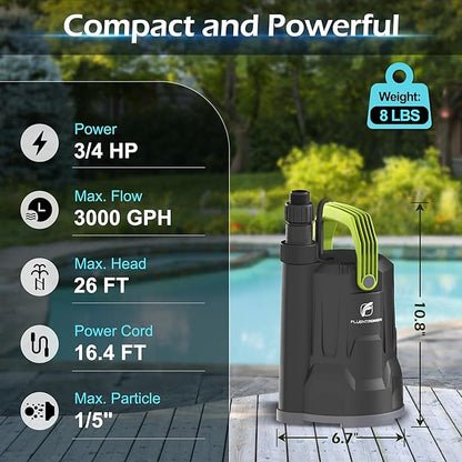 3/4HP 3000GPH Submersible Sump Water Pump, Simple Manual Control for Swimming Pool Garden Pond Basement Draining, with 16.4Ft Cord, Adapters, Check Valve and Rope