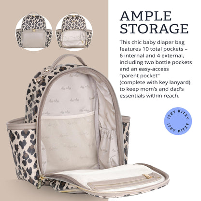 Itzy Ritzy Mini Diaper Bag Backpack – Chic, Compact Mini Plus Backpack with Changing Pad, 10 Pockets (6 Internal, 4 External), Grab-Top Handle & Rubber Feet (Leopard)
