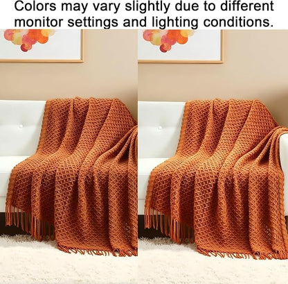 CREVENT Farmhouse Boho Knitted Throw Blanket for Couch Sofa Chair Bed Home Decoration, Soft Warm Cozy Light Weight for Spring Summer Fall (60''X80'' Caramel/Rust Burnt Orange)