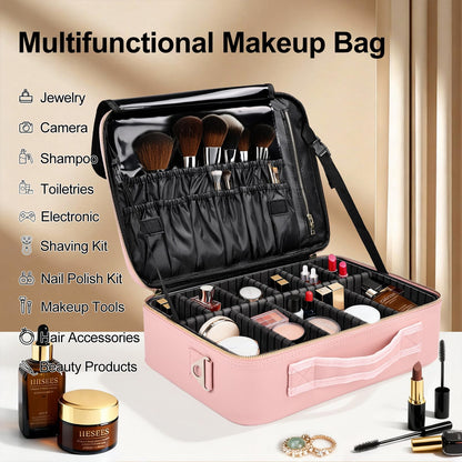 Travel Makeup Bag with Brush Holder, Professional Cosmetic Train Case Organizer, Portable Travel Makeup Brush Carry Case Artist Storage Box with Adjustable Dividers and Shoulder Strap, Leather Pink