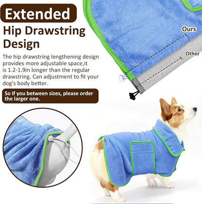 Soft Dog Bathrobe Fast Drying Dog Coat, Super Absorbent Dog Towels for After Bath, Microfiber Pet Robe Adjustable Collar & Belly Warm Keeping Dogs Coat for Pet Dogs & Cats (Blue, Large)