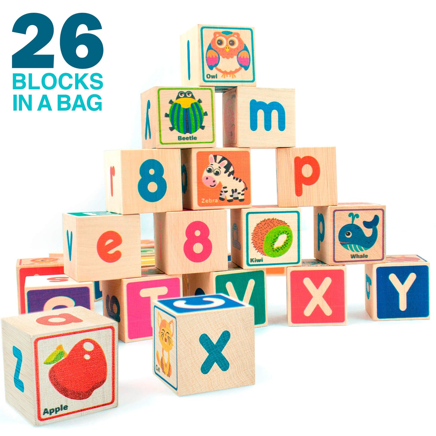 QUOKKA Wooden Blocks for Toddlers 1-3 - 26 Counting ABC Learning Baby Blocks for Kids 3-5 Year Olds Stacking Alphabet Wood Toys for 2-4 Ages - Developmental Toys with Letters Numbers from 12-18 Month